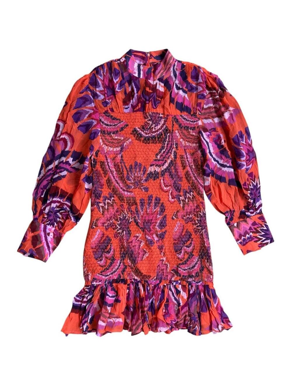 Farm Rio Chevron Forest Smocked Orange Pink and Purple Mini Dress